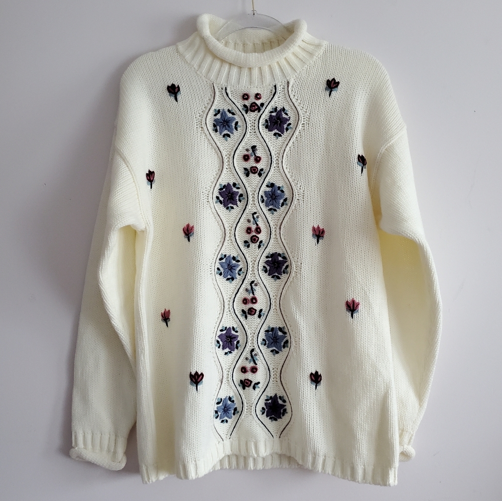 Cream Floral Knitted By Hand Sweater Size Small